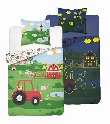 Pościel dla dzieci świecąca w ciemności 160x200 farma i traktor na polu