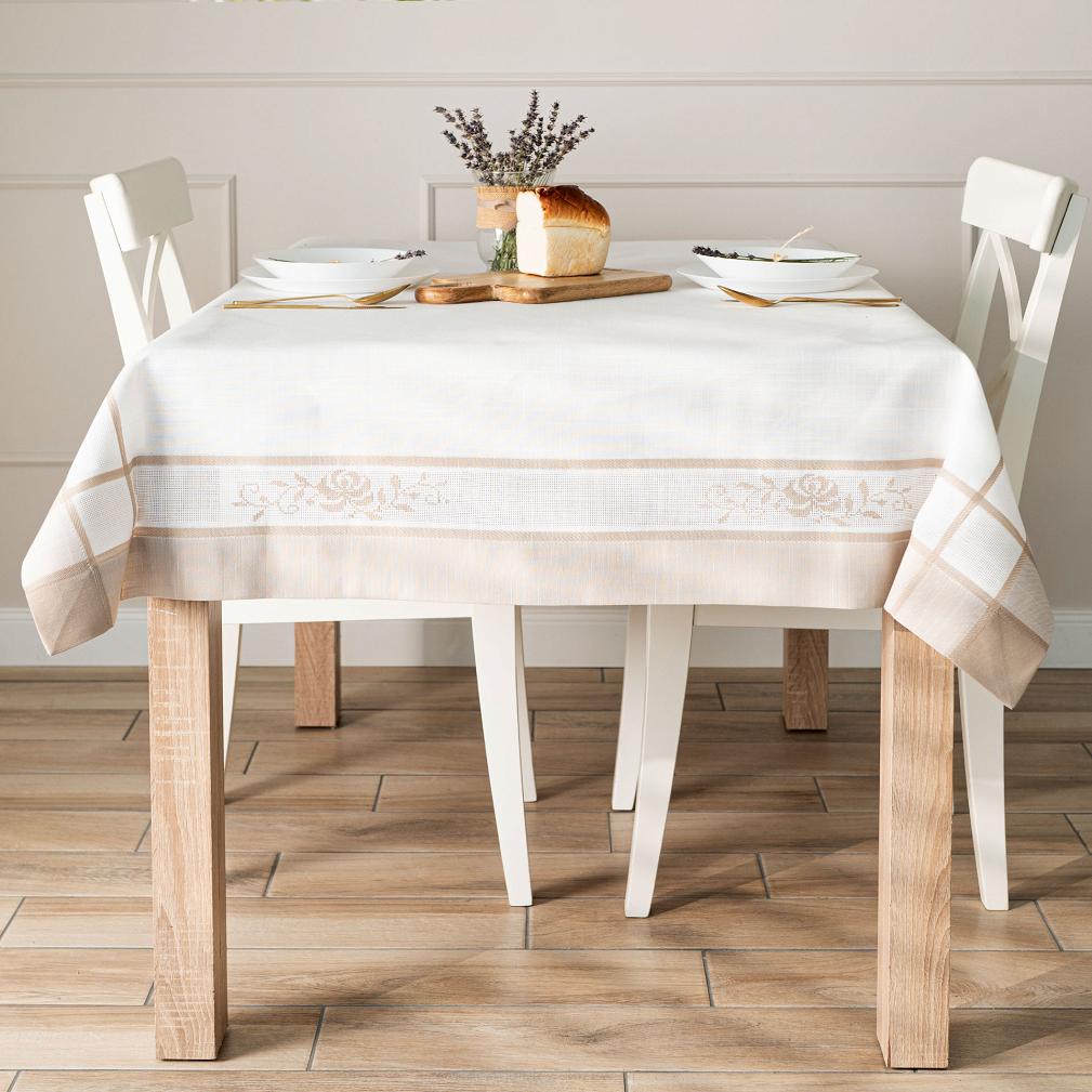 Obrus z kwiatowym haftem ASTRA 140x220 biały beżowy
