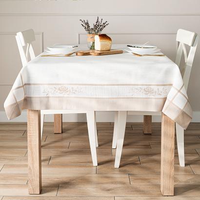 Obrus z kwiatowym haftem ASTRA 140x220 biały beżowy