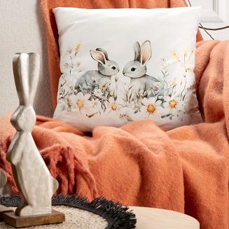 Poszewka dekoracyjna WIOSNA 45x45 Eurofirany biała szara wielkanocne zajączki na łące