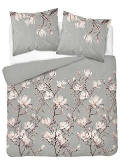 Pościel satynowa 220x200 Detexpol szara fioletowa kwitnące magnolie