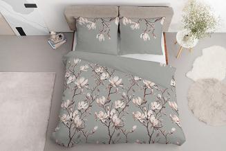 Pościel satynowa 220x200 Detexpol szara fioletowa kwitnące magnolie