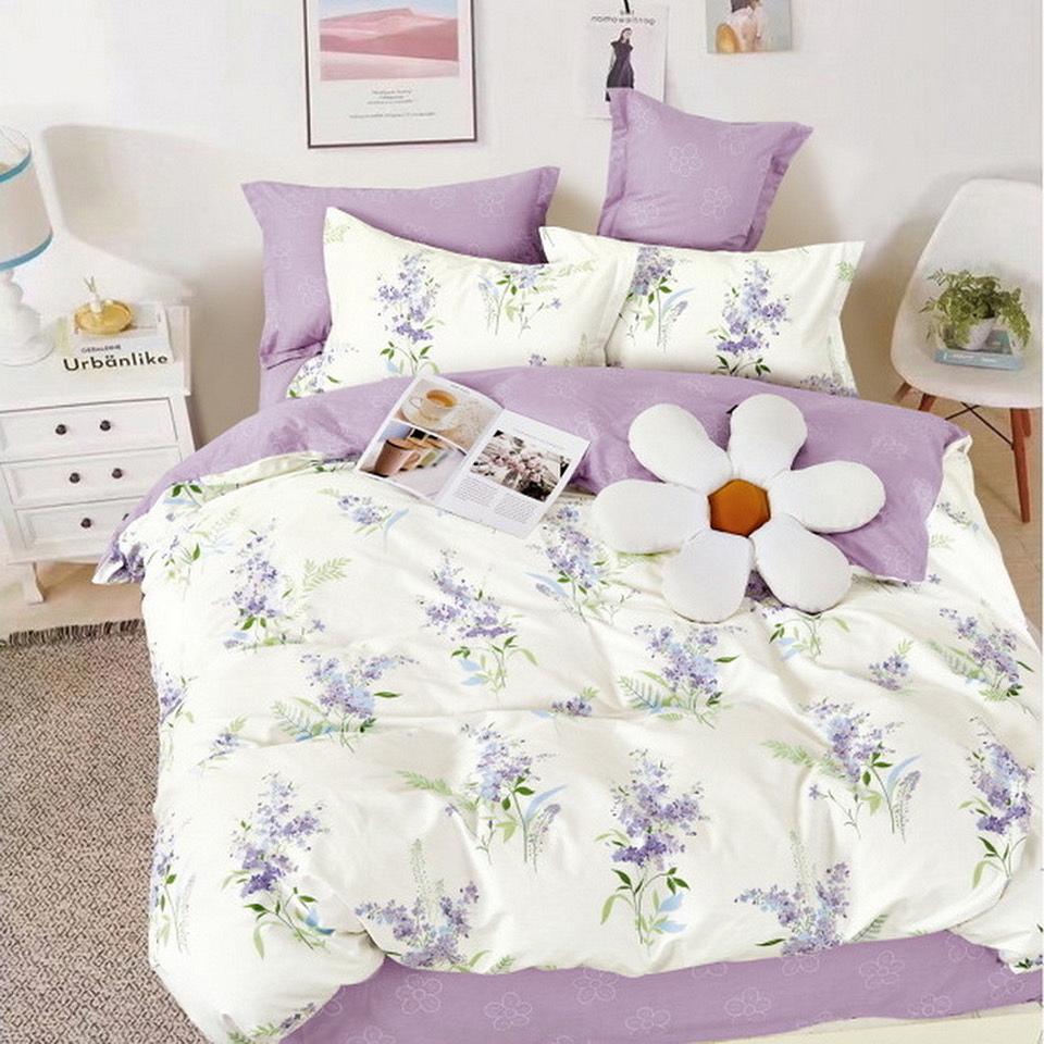 Pościel satynowa 140x200 kremowa wrzosowa fioletowa kwiaty