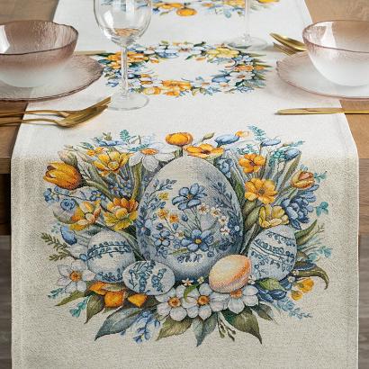 Bieżnik dekoracyjny gobelin 45x140 Eurofirany naturalny niebieski wielkanocne pisanki wśród kwiatów