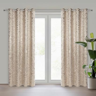 Zasłona gotowa na przelotkach MILENA 140x250 Eurofirany beżowa welwetowa błyszczące liście