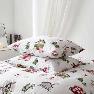 Biała Pościel Świąteczna Satyna Bawełniana z Nadrukiem 220x200 Skiing