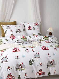 Biała Pościel Świąteczna Satyna Bawełniana z Nadrukiem 220x200 Skiing