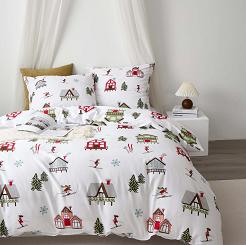 Biała Pościel Świąteczna Satyna Bawełniana z Nadrukiem 220x200 Skiing
