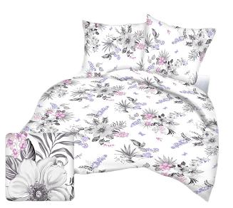 Pościel z satyny luksusowej 160x200 duże szare kwiaty na bieli