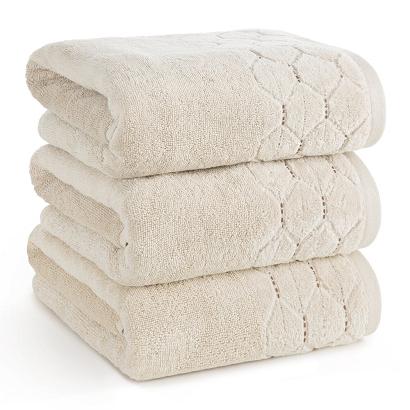 Ręcznik bawełniany LUMIA 50x90 Eurofirany beżowy z welurową bordiurą w geometryczny wzór