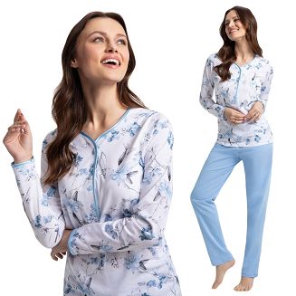 Piżama damska LUNA kod 650 niebieska biała szara w orientalne kwiaty / niebieskie spodnie