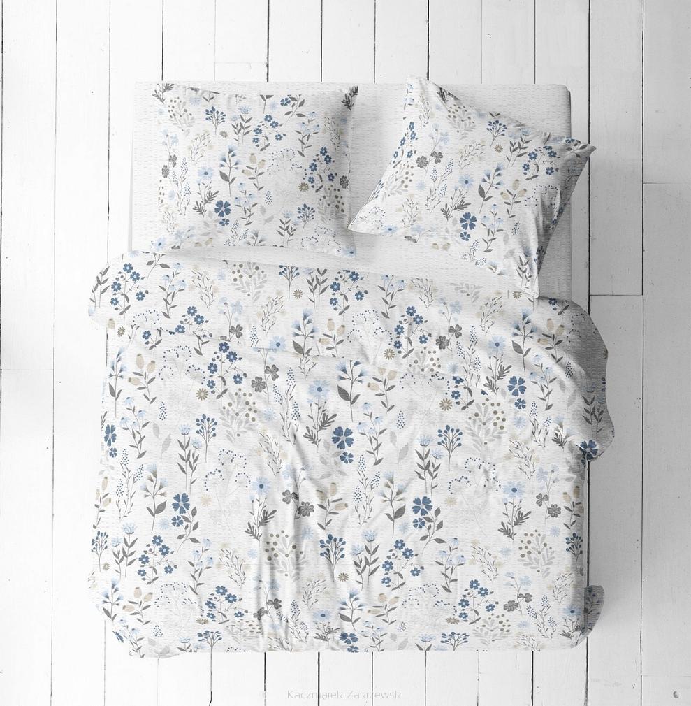 Pościel z kory 160x200 biała niebieska szara letnia łąka