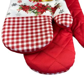 Rękawice kuchenne 18x27 z magnesem 2 szt. świąteczne białe czerwone kratka dzwoneczki