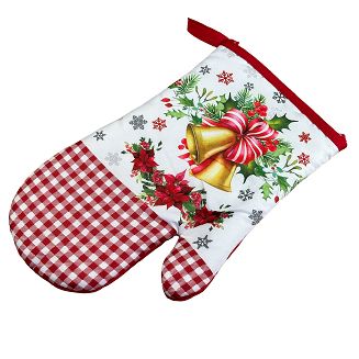 Rękawice kuchenne 18x27 z magnesem 2 szt. świąteczne białe czerwone kratka dzwoneczki