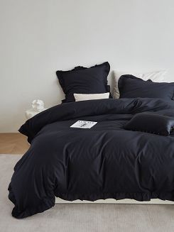 Pościel satyna bawełniana 220x200 Ruffy Premium czarna z falbanką