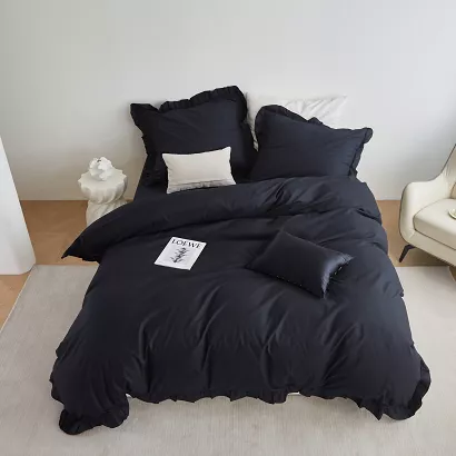 Pościel satyna bawełniana 220x200 Ruffy Premium czarna z falbanką