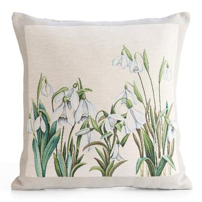 Poszewka dekoracyjna 45x45 Eurofirany naturalna zielona białe wiosenne kwiaty przebiśniegi