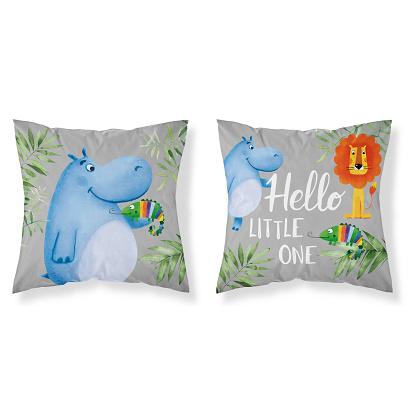 Poszewka bawełniana dziecięca 40x40 szara hipopotam kameleon