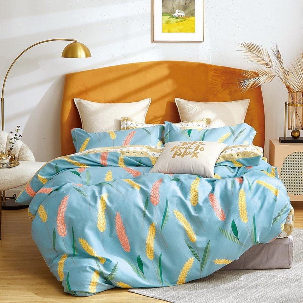 Pościel satynowa 160x200 błękitna w kłosy zbóż