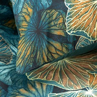 Pościel satynowa NIKA 160x200 Eurofirany turkusowa miodowa liście lilie wodne 