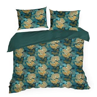 Pościel satynowa NIKA 160x200 Eurofirany turkusowa miodowa liście lilie wodne 