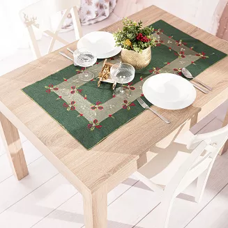 ŚWIĄTECZNE KOKARDKI Bieżnik z haftem szer.40cm x wys.140cm kolor 002 zielony 295161/KSP/002/040140/1
