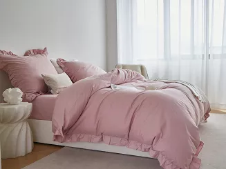 Pościel satyna bawełniana 220x200 Ruffy Premium pudrowa z falbanką