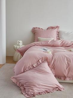 Pościel satyna bawełniana 220x200 Ruffy Premium pudrowa z falbanką
