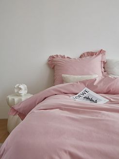 Pościel satyna bawełniana 220x200 Ruffy Premium pudrowa z falbanką