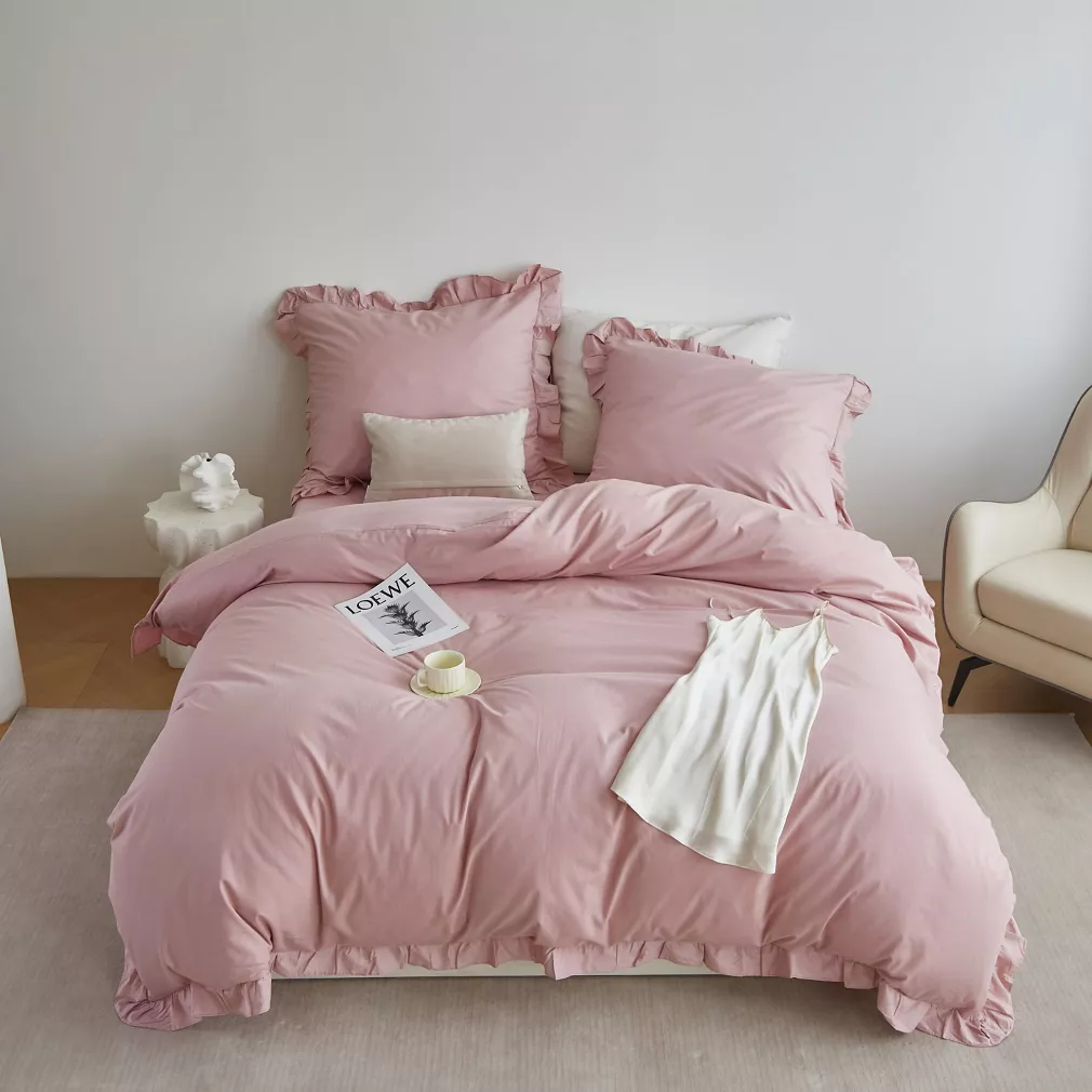 Pościel satyna bawełniana 220x200 Ruffy Premium pudrowa z falbanką