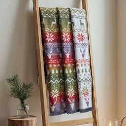 Koc bawełniano-akrylowy 150x200 świąteczny czerwony zielony biały szary norweski wzór