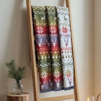 Koc bawełniano-akrylowy 150x200 świąteczny czerwony zielony biały szary norweski wzór