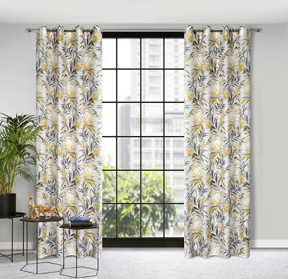 Zasłona gotowa na przelotkach ELIA 140x250 Eurofirany biała w musztardowo szare liście