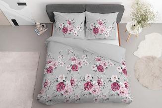 Pościel satynowa 200x220 szara różowe bordowe kwiaty malwy róże