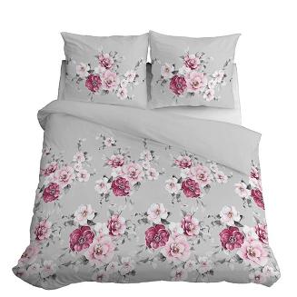 Pościel satynowa 200x220 szara różowe bordowe kwiaty malwy róże