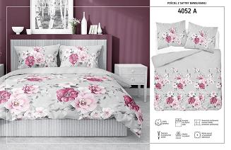 Pościel satynowa 200x220 szara różowe bordowe kwiaty malwy róże