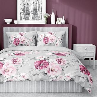 Pościel satynowa 200x220 szara różowe bordowe kwiaty malwy róże