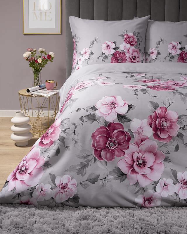Pościel satynowa 200x220 szara różowe bordowe kwiaty malwy róże