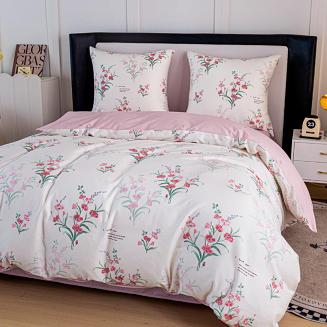 Pościel satynowa 220x200 kremowa różowa bukiety tulipanów