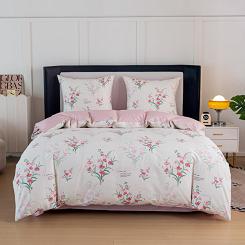 Pościel satynowa 220x200 kremowa różowa bukiety tulipanów