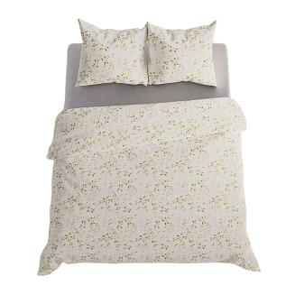 Komplet pościeli ORLINA z bawełny satynowej 160x200 kremowa jasnozielona subtelny botaniczny nadruk