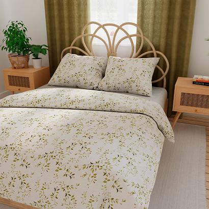 Komplet pościeli ORLINA z bawełny satynowej 160x200 kremowa jasnozielona subtelny botaniczny nadruk