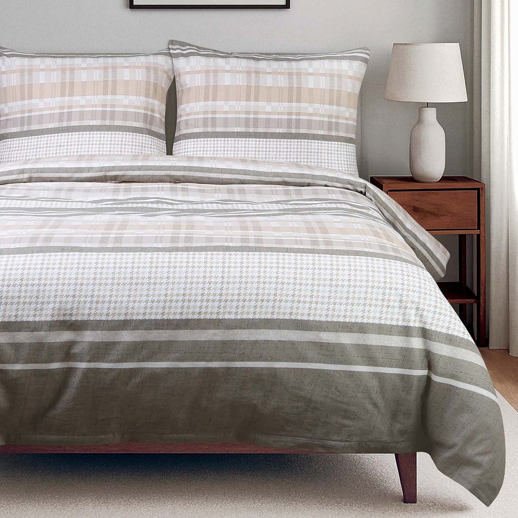 Pościel bawełniana COTTONLOVE 220x200 beżowa brązowa dekoracyjne pasy i krata