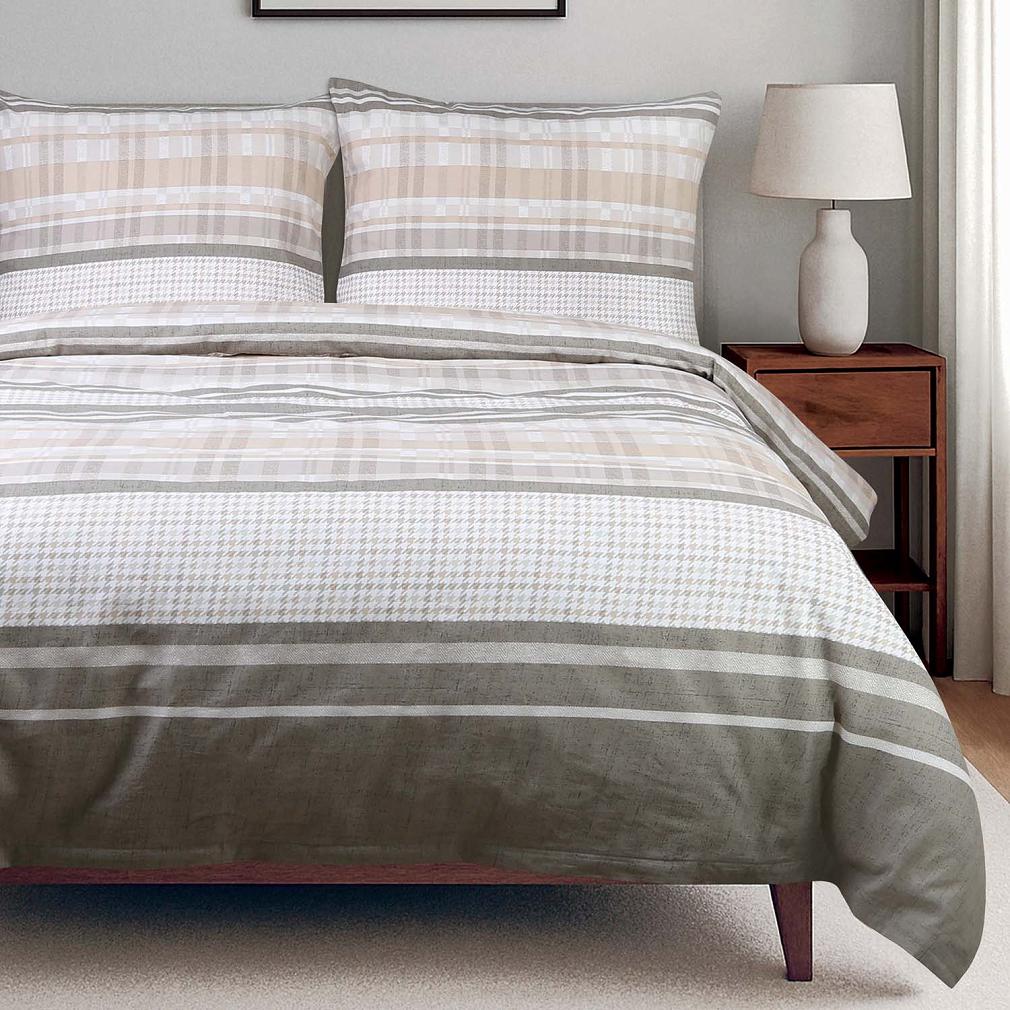 Pościel bawełniana COTTONLOVE 220x200 beżowa brązowa dekoracyjne pasy i krata