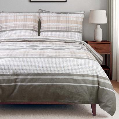 Pościel bawełniana COTTONLOVE 220x200 beżowa brązowa dekoracyjne pasy i krata