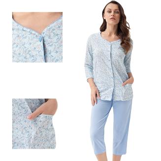 Piżama damska LUNA kod 668 niebieska łososiowa łączka rozpinana