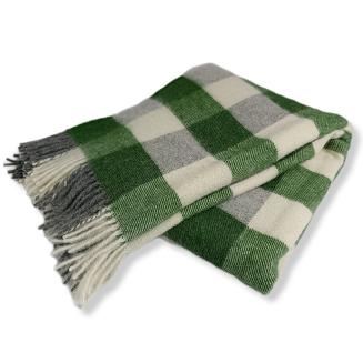 Koc wełniany z frędzlami 150x200 wełna nowozelandzka krata szachownica zielona ekri szara