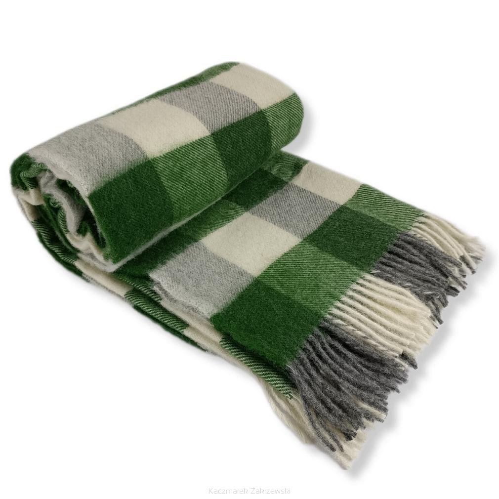 Koc wełniany z frędzlami 150x200 wełna nowozelandzka krata szachownica zielona ekri szara