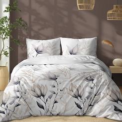 Pościel bawełniana 160x200 Detexpol biała beżowa grafitowa w lilie i trawy