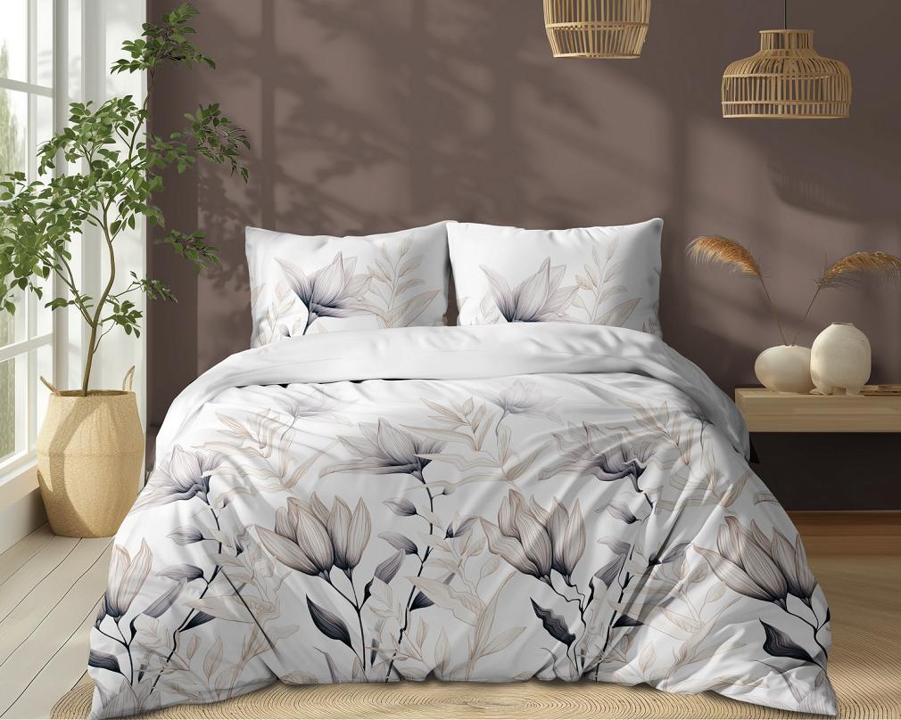 Pościel bawełniana 160x200 Detexpol biała beżowa grafitowa w lilie i trawy